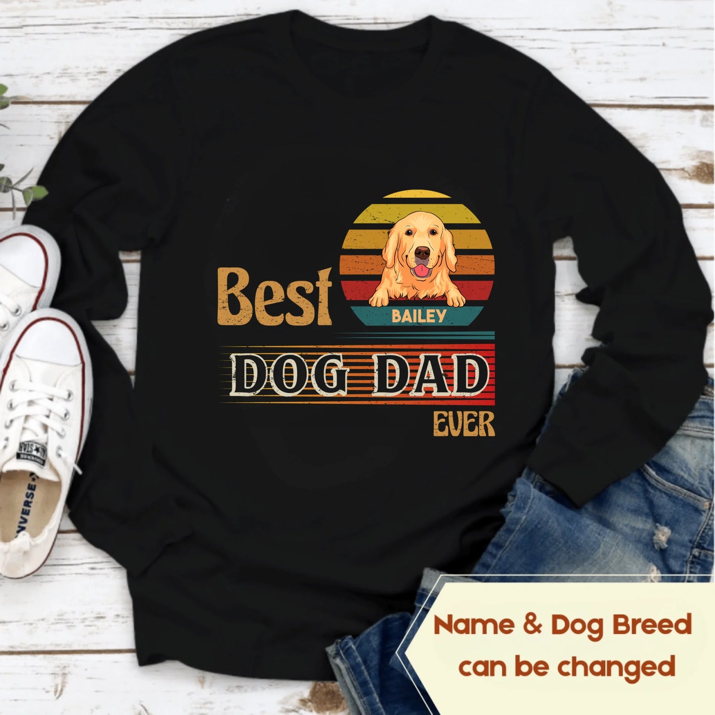 Black long sleeves, name and dog breed