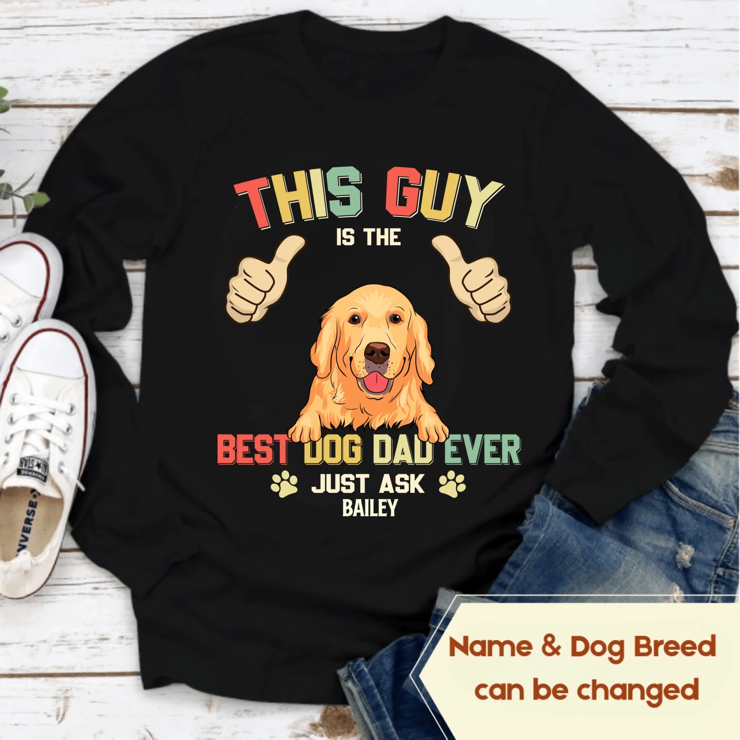 Black long sleeves, name and dog breed