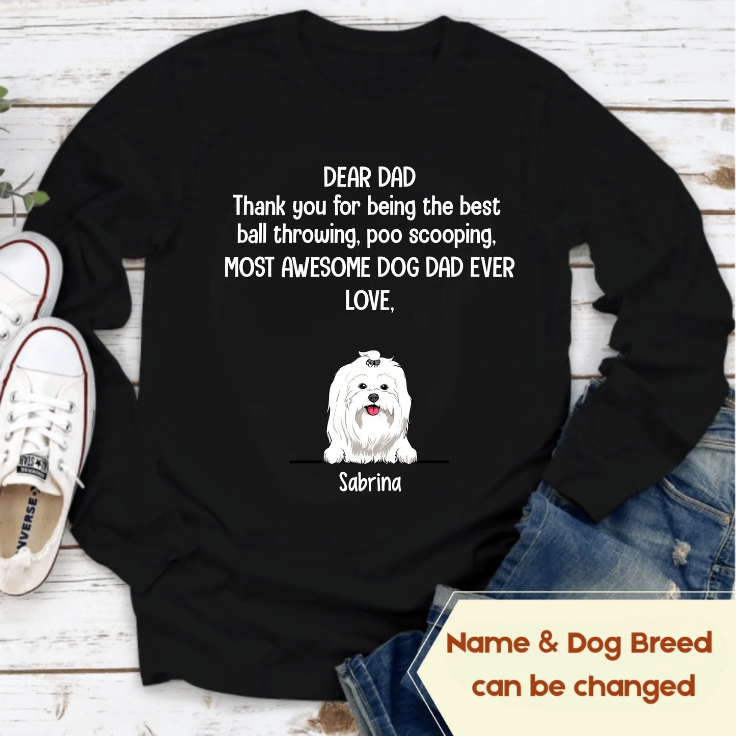 Black long sleeves, name and dog breed